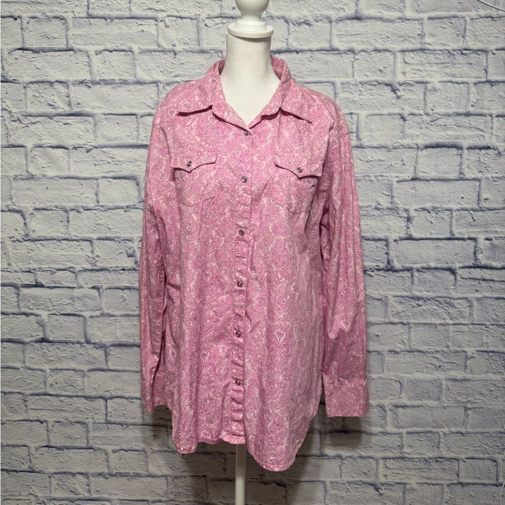 Wrangler Long Sleeve Pearl Snap Shirt Pink Paisley Breast Cancer Western XL